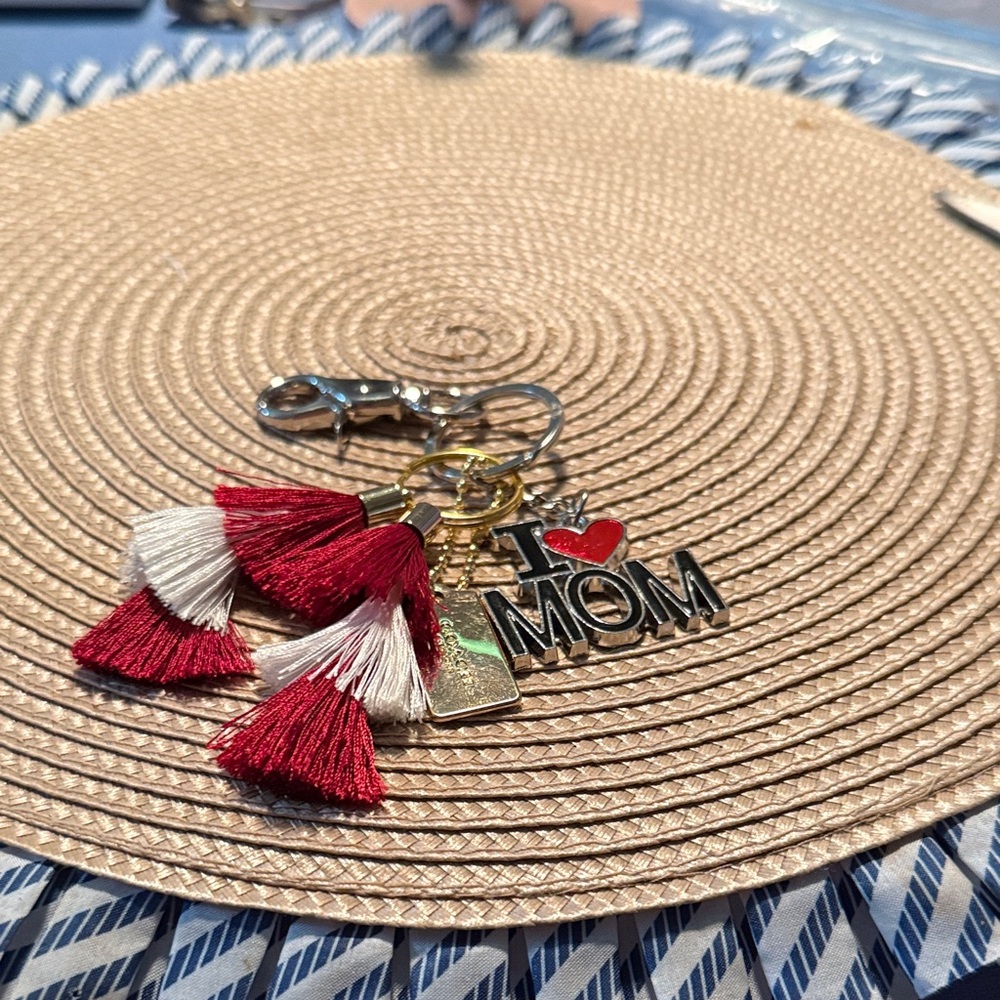 I Love Mom purse charms with Red and White Tassels